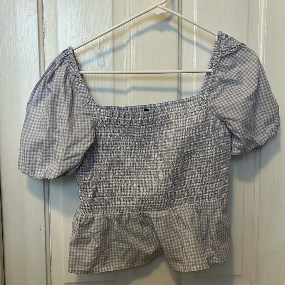 J.Crew Gingham Smocked Puff Sleeve Top